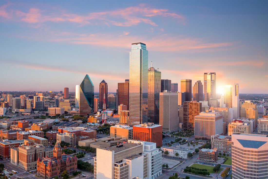 Dallas Skyline with pink clouds and blue sky