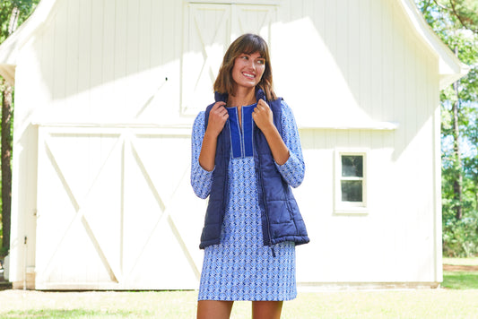 Woman wearing Cabana Life Navy Sport Zip Polo