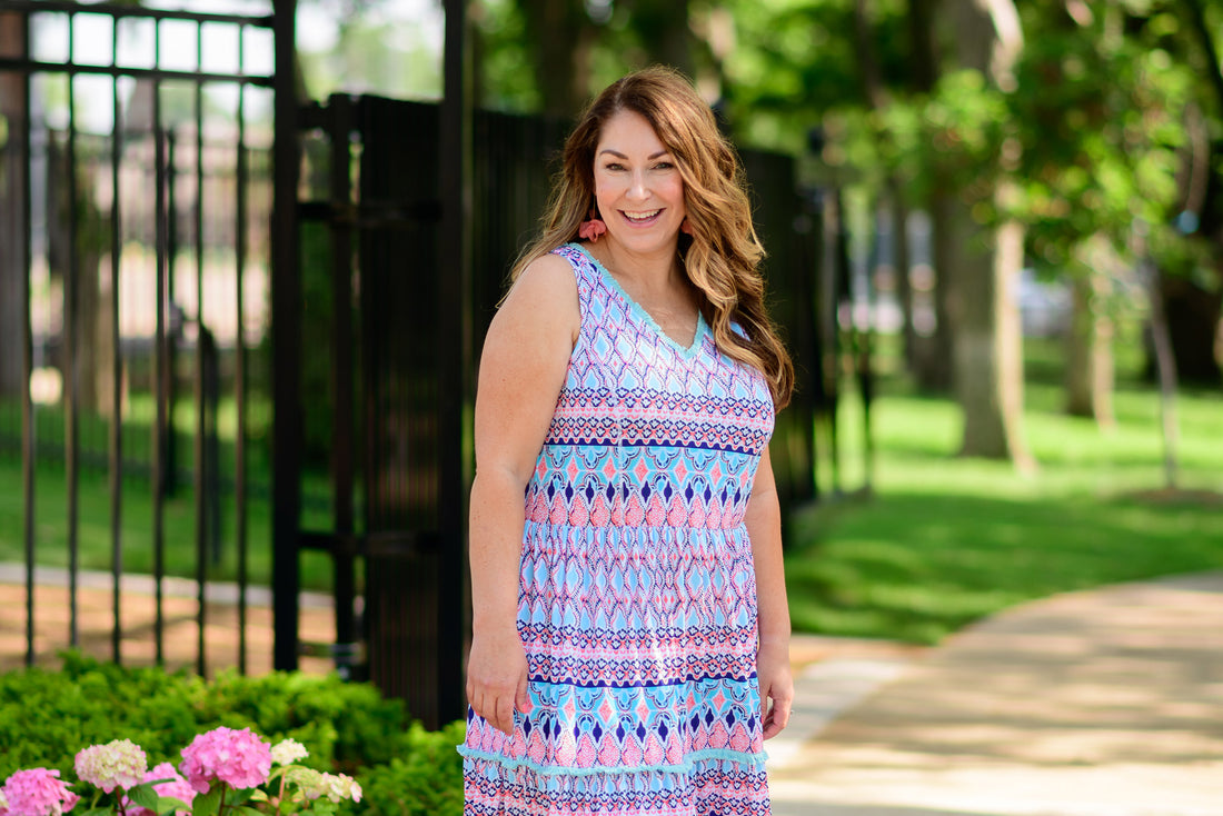 The Recruiter Mom wearing Cabana Life UPF 50+ St. Barts Tiered Maxi Dress