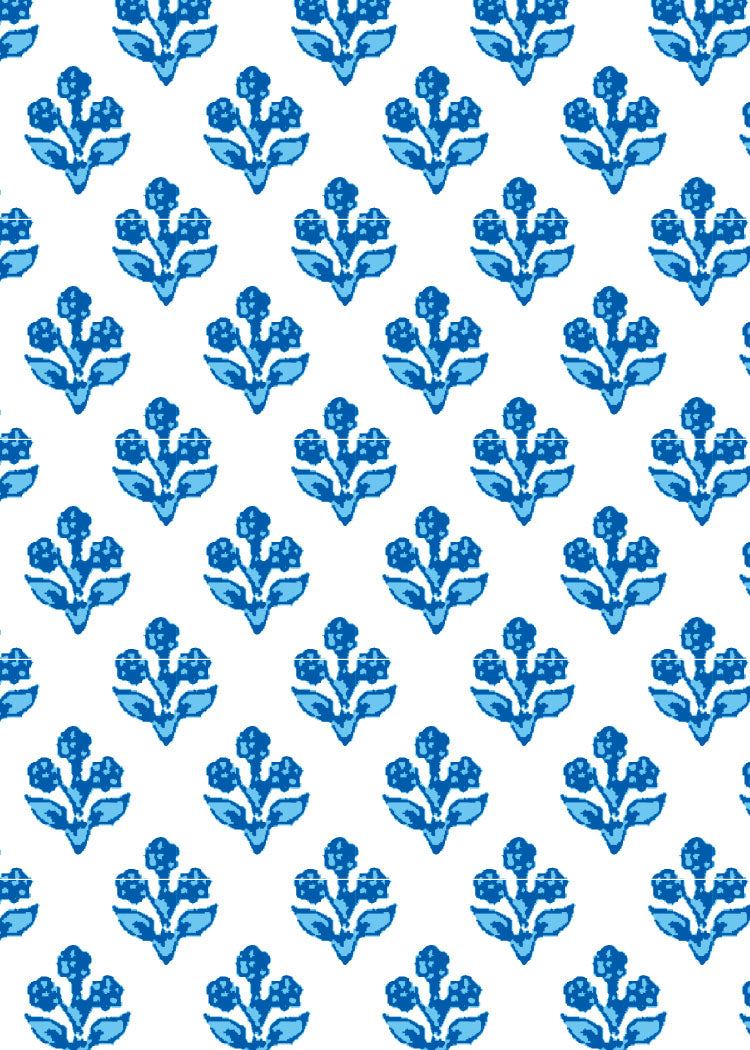 Pattern of blue floral designs on a white background