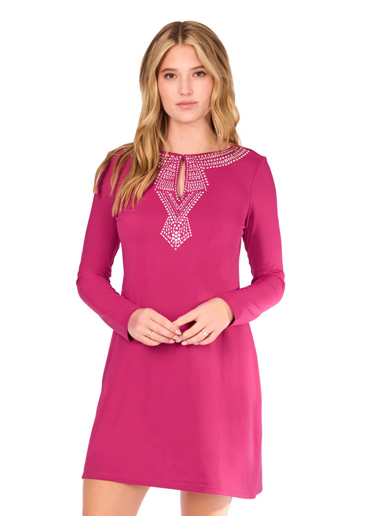 Blonde woman wearing Merlot Metallic Keyhole Dress on white background.