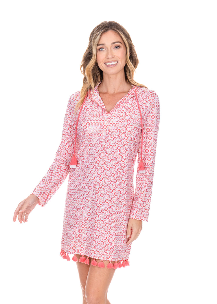 Blonde woman wearing Algarve Hooded Cover Up.