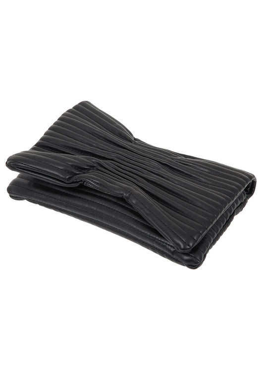 Black quilted envelope clutch on a white background