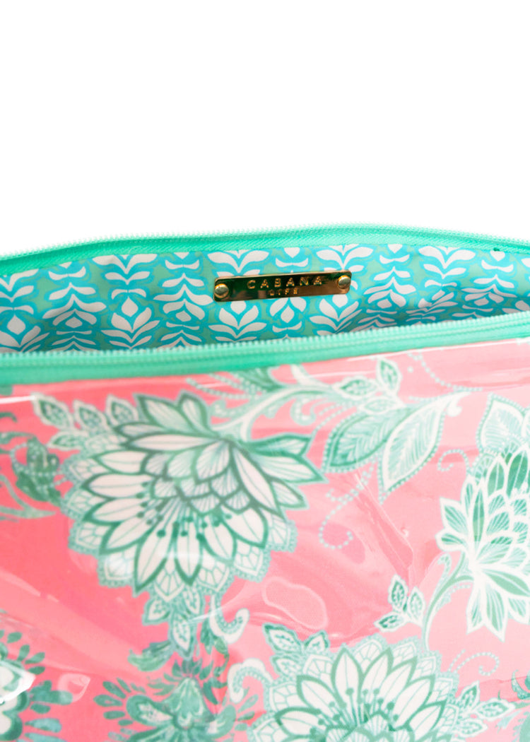 Closeup of Cote d'Azur Large Accessory Bag open on white background