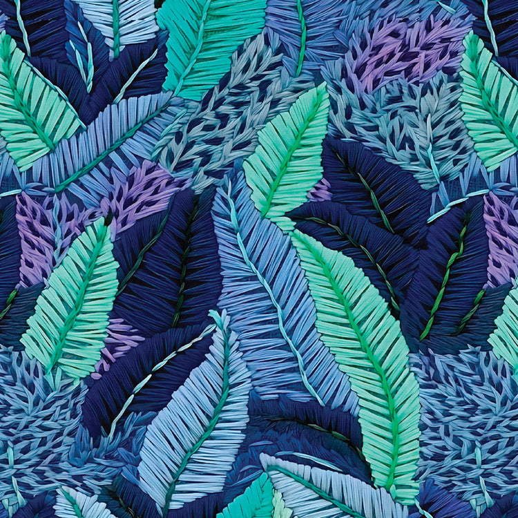 Close-up of Blue Myers leaf pattern with blue, green, and purple colors.