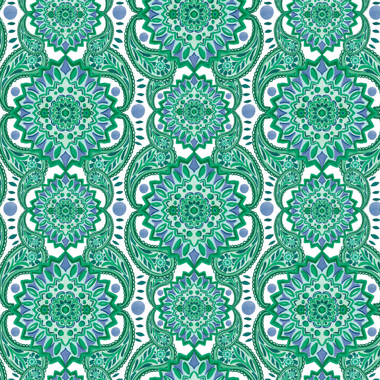 Pattern of green and blue mandalas on a white background