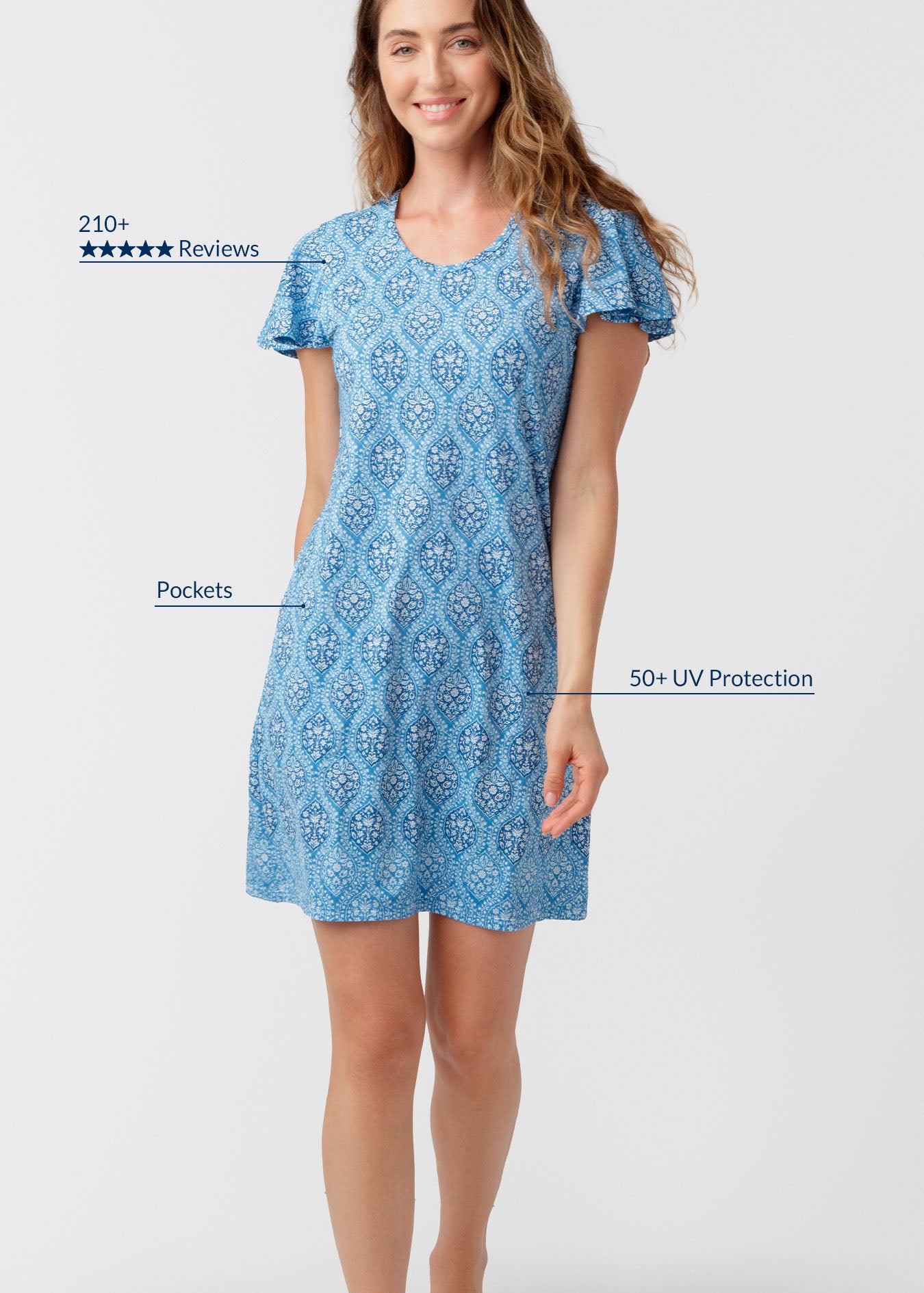 Woman wearing a blue patterned dress with text highlighting features on a white background