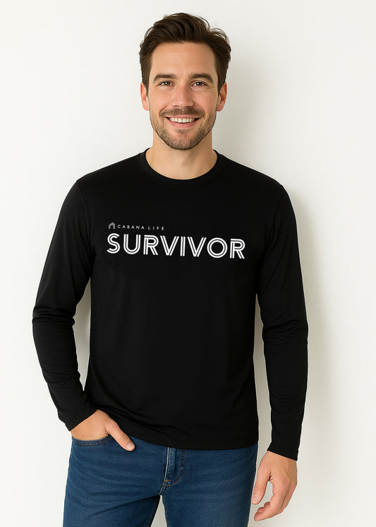 Brunette man in a studio wearing our sun safe Black Unisex Long Sleeve Survivor Performance Shirt.
