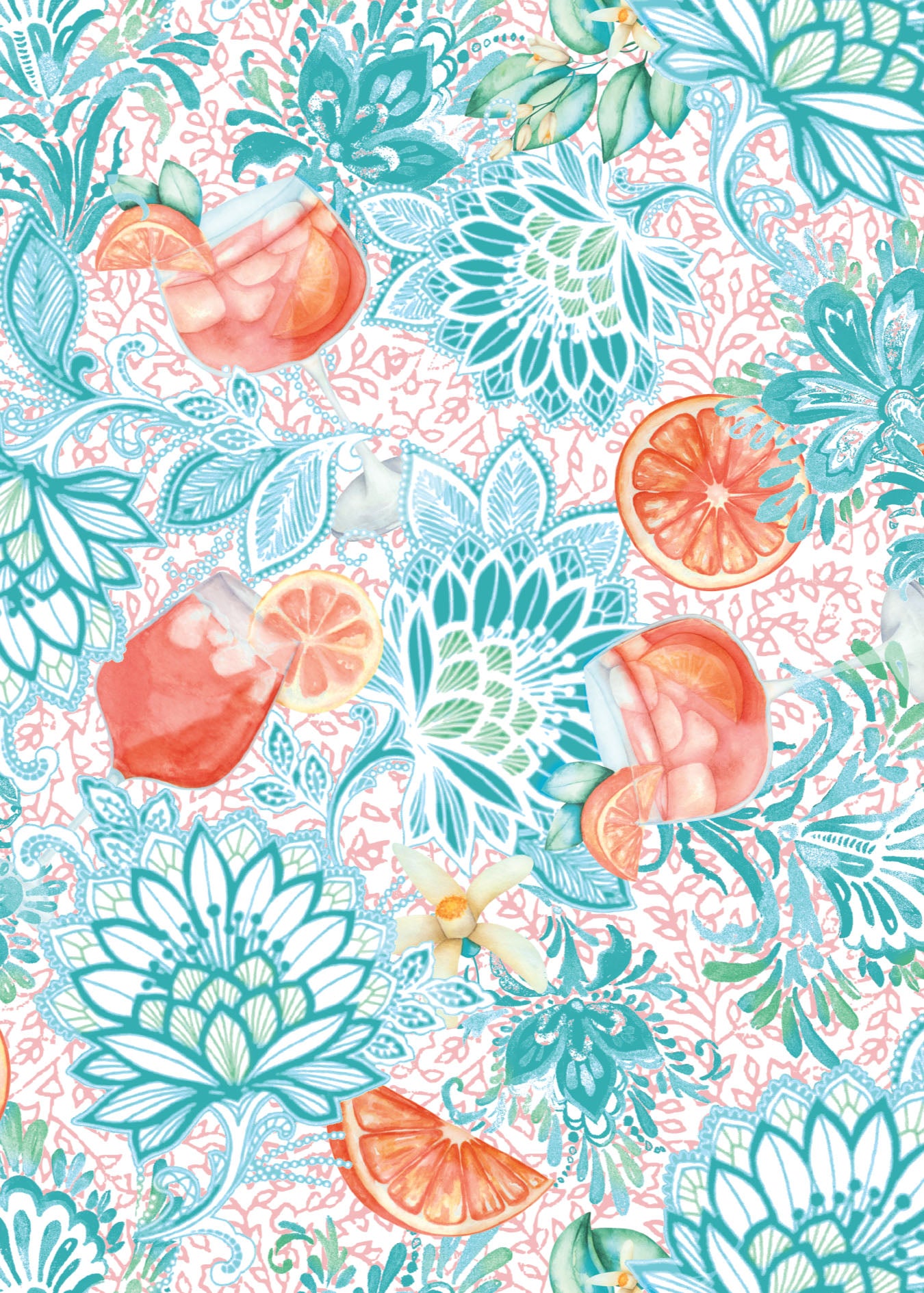 A close up graphic of a blue flower print with Aperol Spritz drinks and orange slices. 