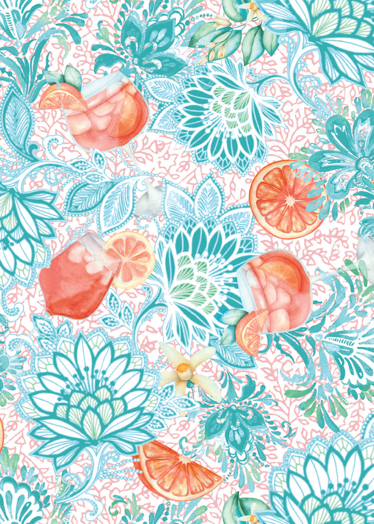 A close up graphic of a blue flower print with Aperol Spritz drinks and orange slices. 
