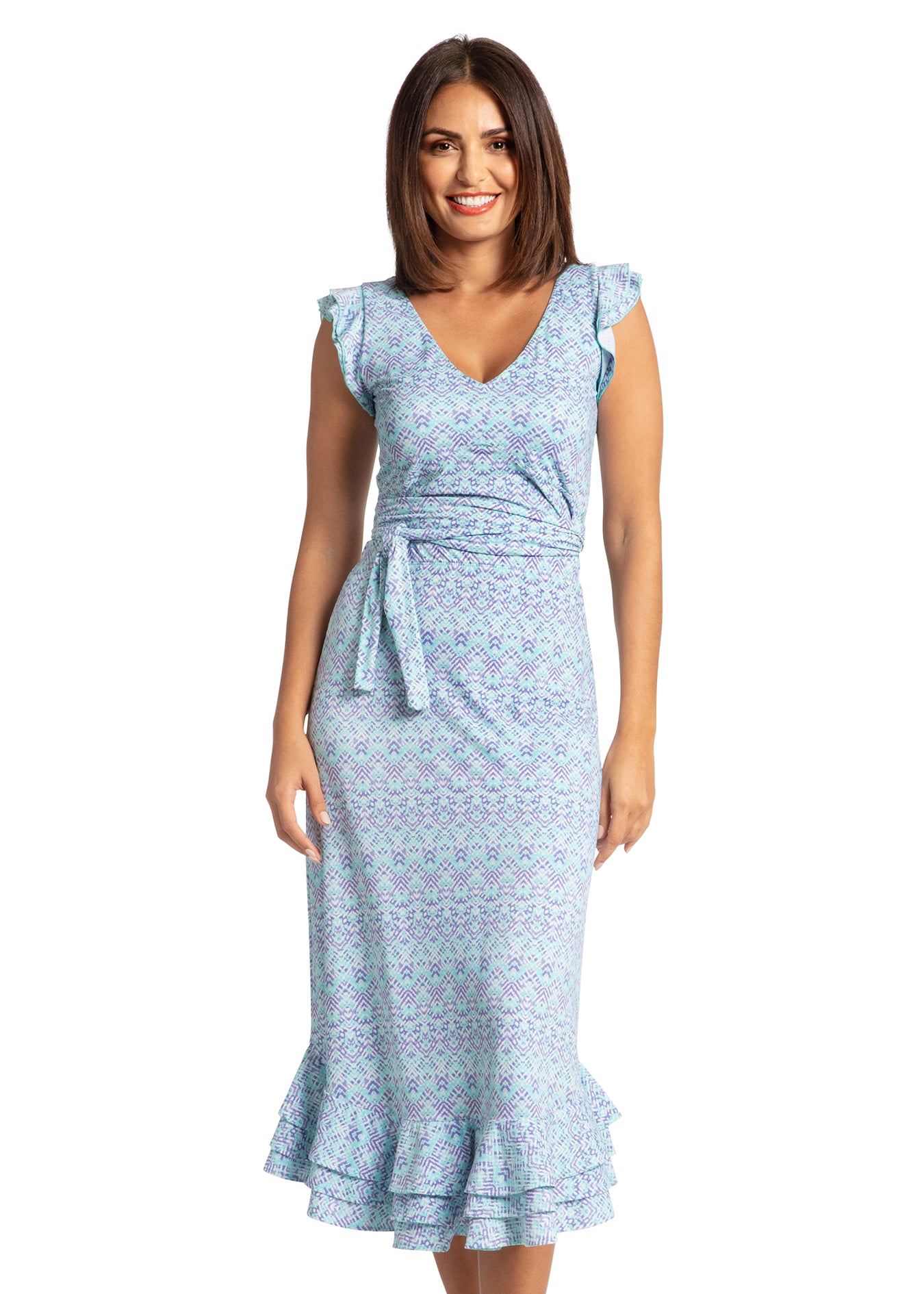 Woman wearing Naples V-Neck Wrap Top and skirt.