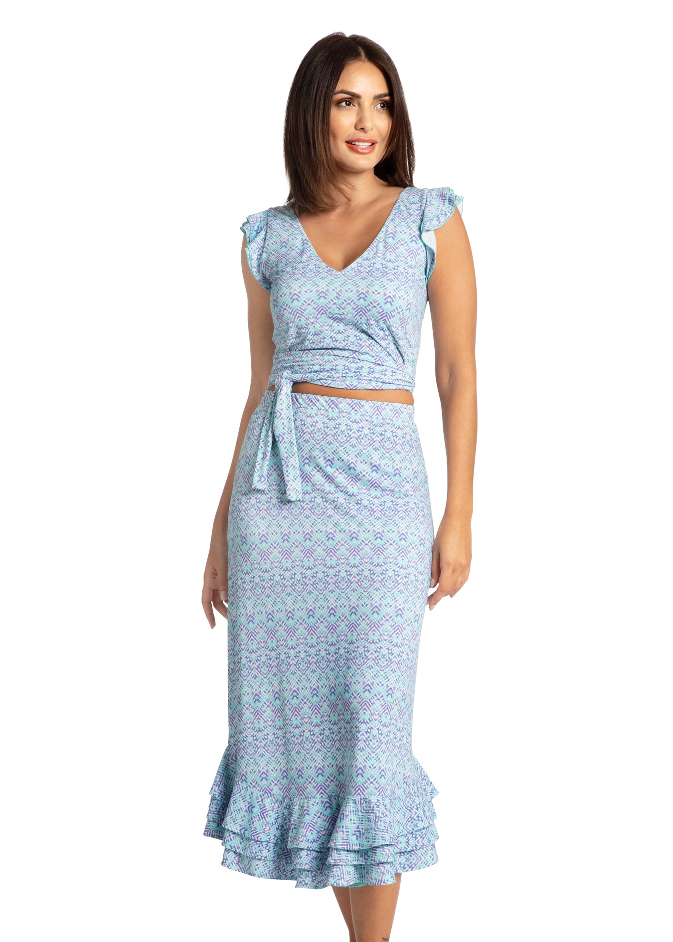 Woman wearing Naples Ruffle Maxi Skirt and Top.