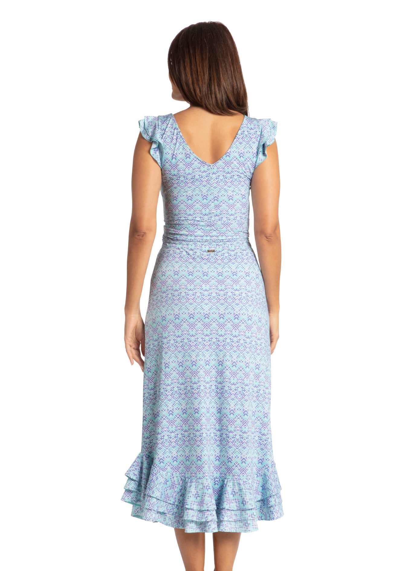 Woman wearing Naples V-Neck Wrap Top and skirt.