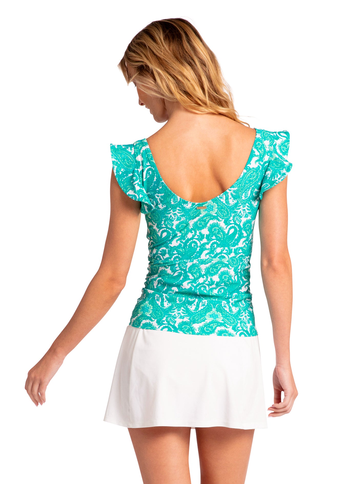 Woman wearing St. Pete Ruffle Sleeve V-Neck Tankini Top.