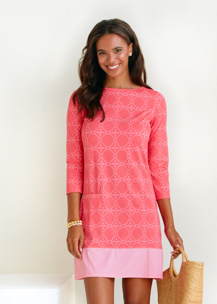 Woman wearing Coral Gables Cabana Shift Dress