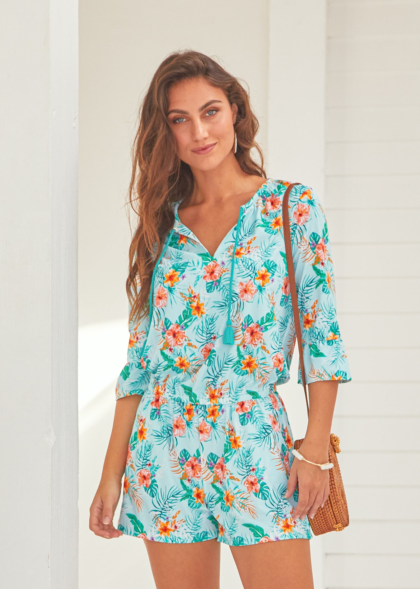 Woman wearing Cabana Life Cayman Ruffle Sleeve Romper