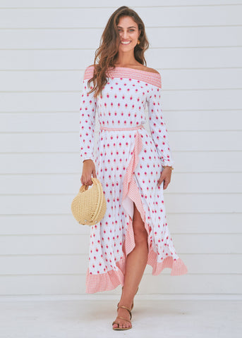 Woman wearing Cabana Life Tulum Off The Shoulder Maxi Dress