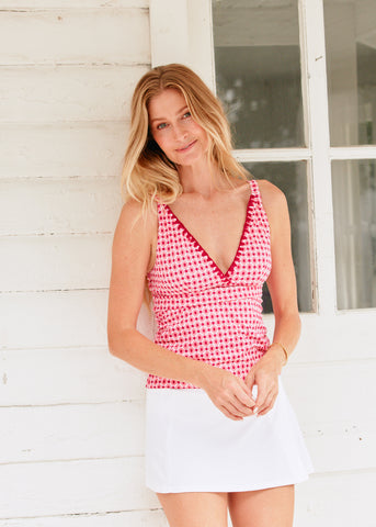 Woman wearing Coral Gables Reversible Embroidered Tankini Top.