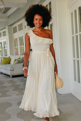 Woman wearing Ivory Metallic One Shoulder Maxi Dress