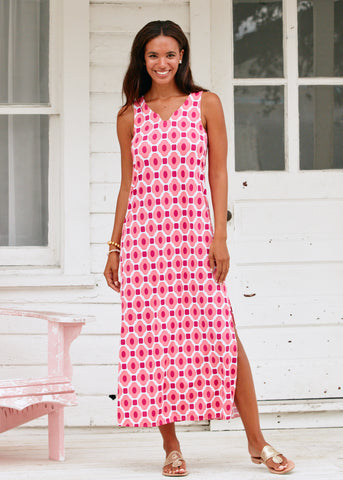 Woman wearing Coral Gables Side Slit Maxi Dress in front of white house