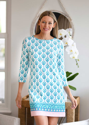 Woman wearing Santorini Cabana Shift Dress 