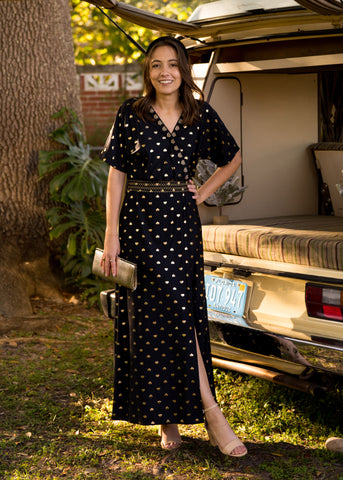 Woman wearing Black Metallic Embroidered Maxi Dress