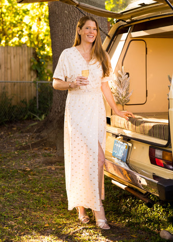 Ivory Metallic Embroidered Maxi Dress