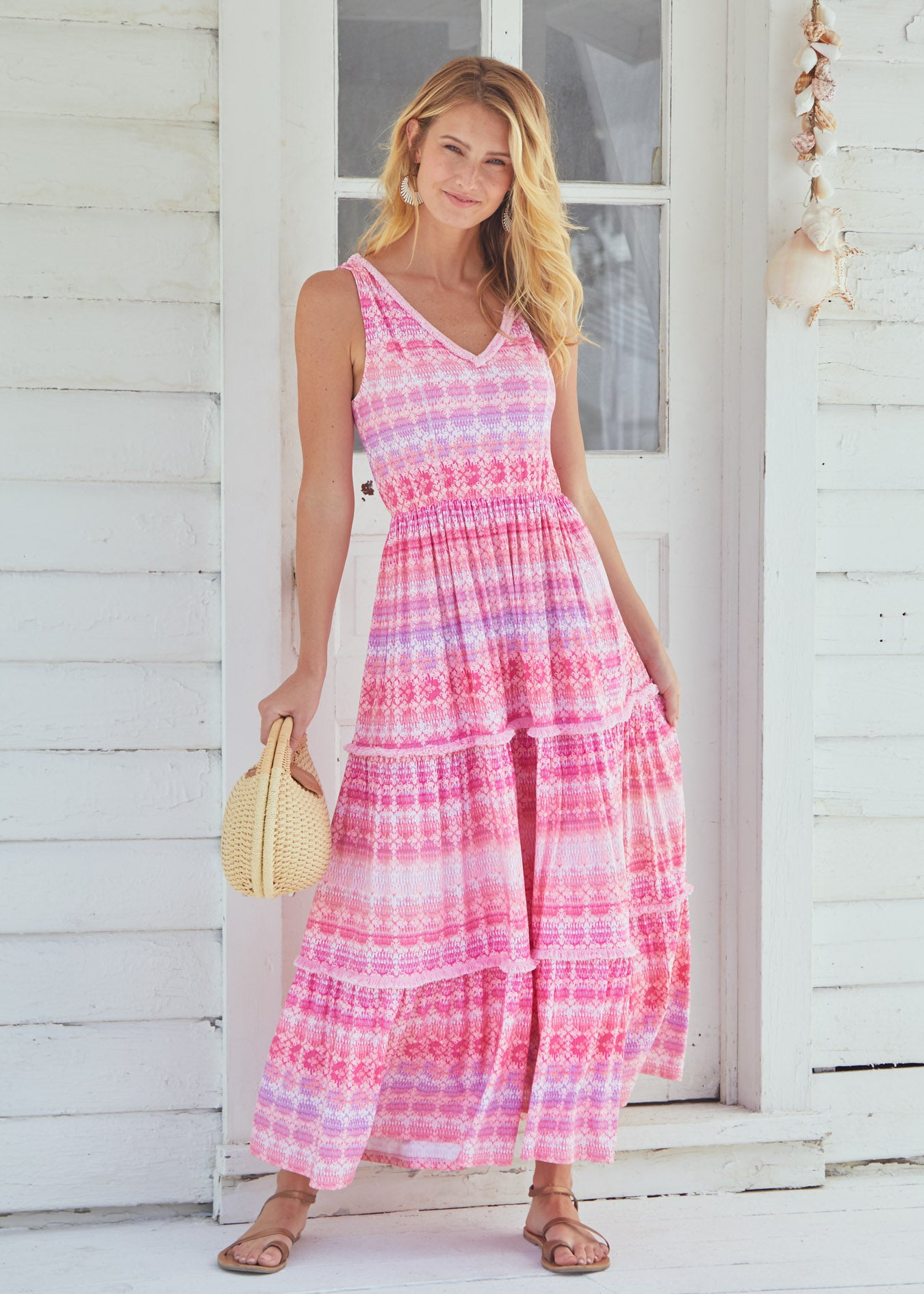 Woman wearing Napa Sleeveless Tiered Maxi Dress
