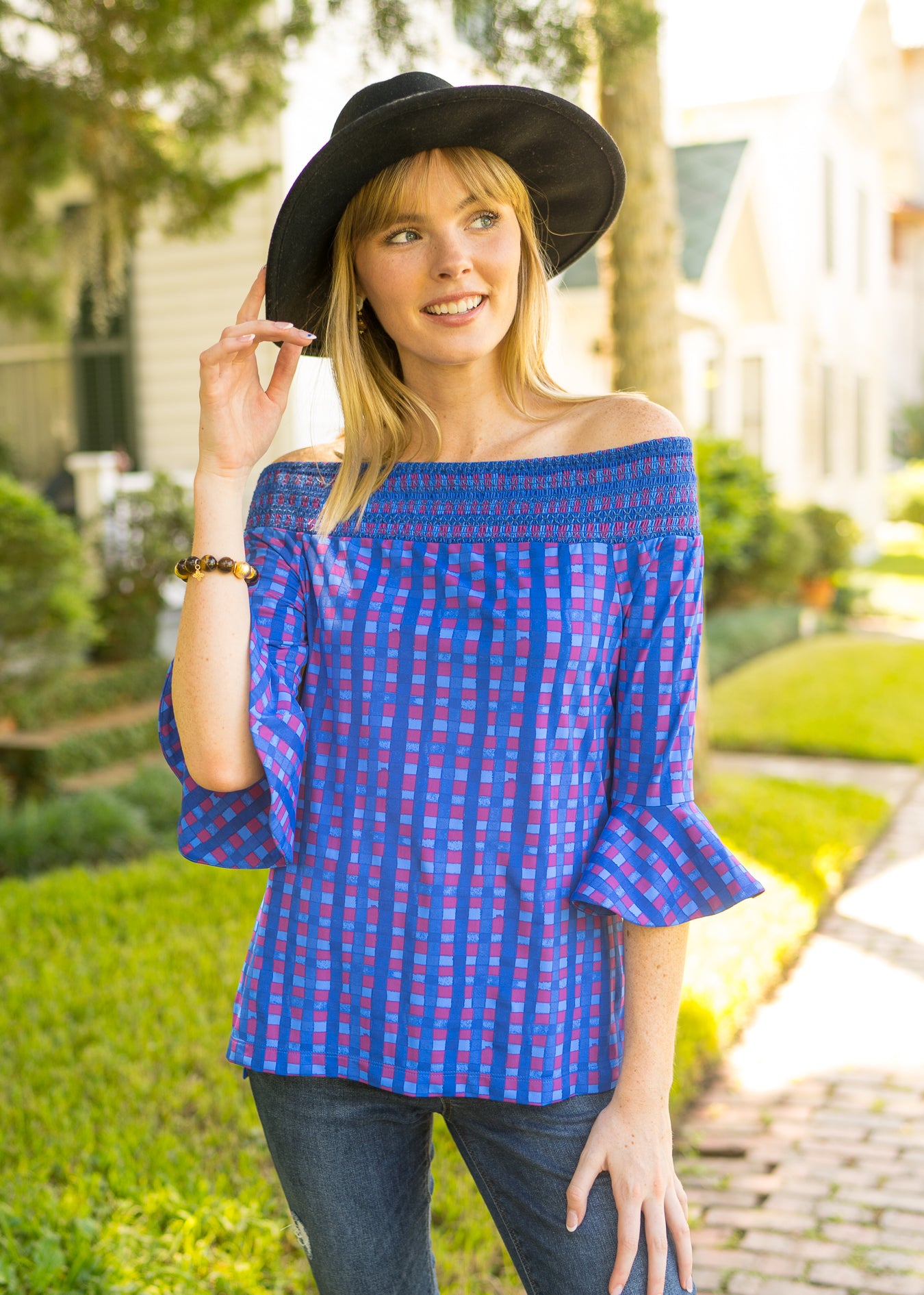 Woman wearing Cabana Life Bar Harbor Off The Shoulder Top