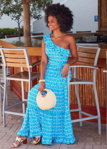 Woman wearing Palm Valley One Shoulder Maxi Dress.