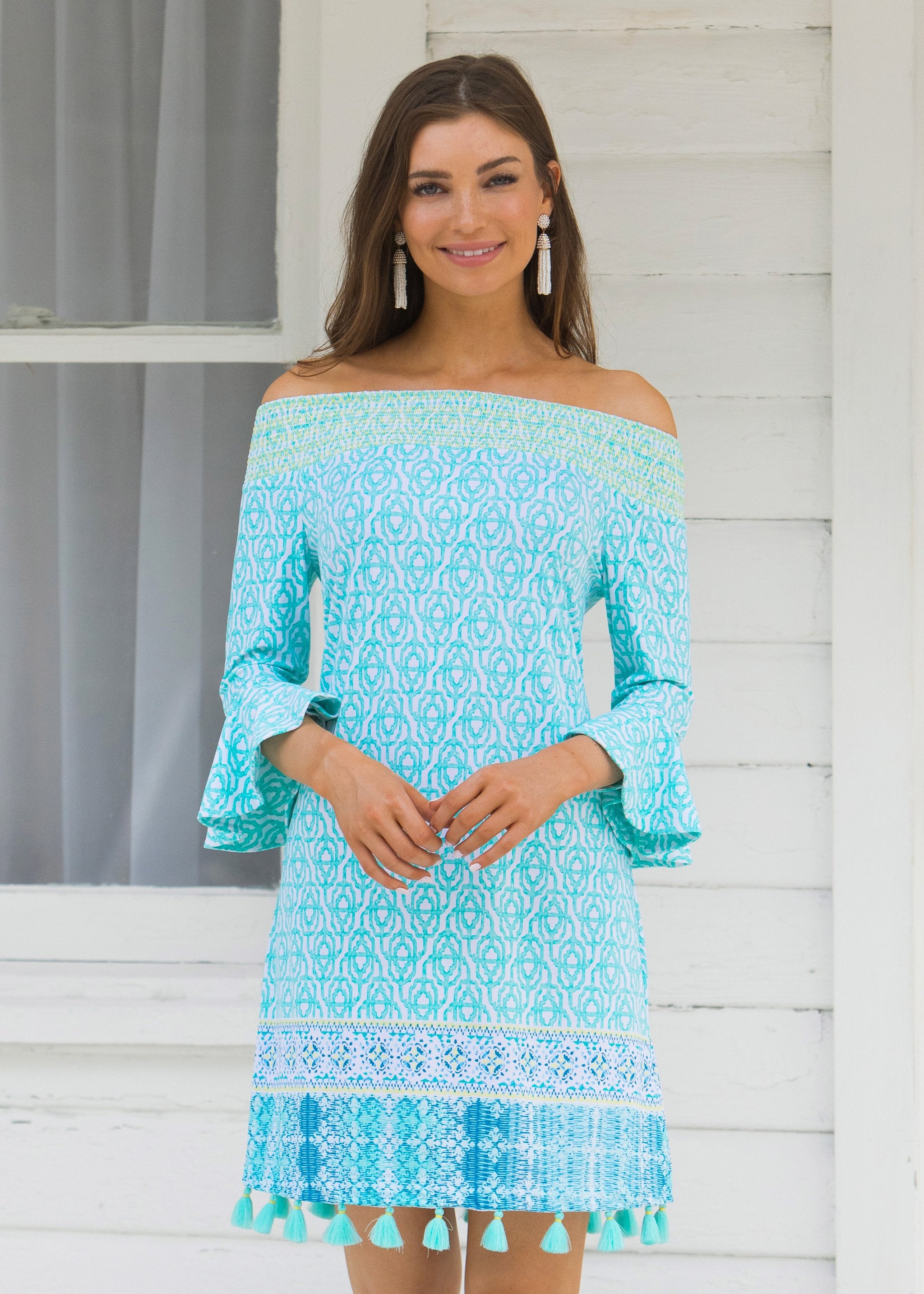 Woman wearing Coastal Cottage UPF 50+ Off the Shoulder Dress