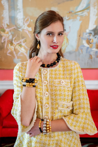 Hazen & Co jewelry with gold dress