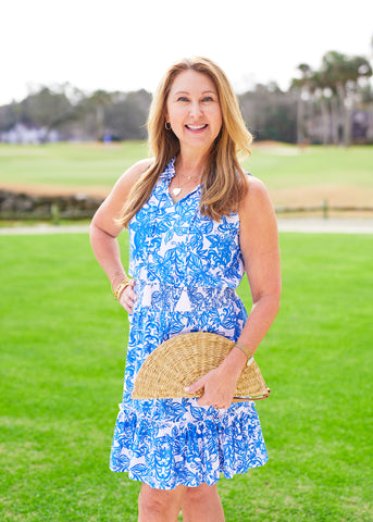 Woman wearing Palm Valley Sleeveless Ruffle Dress