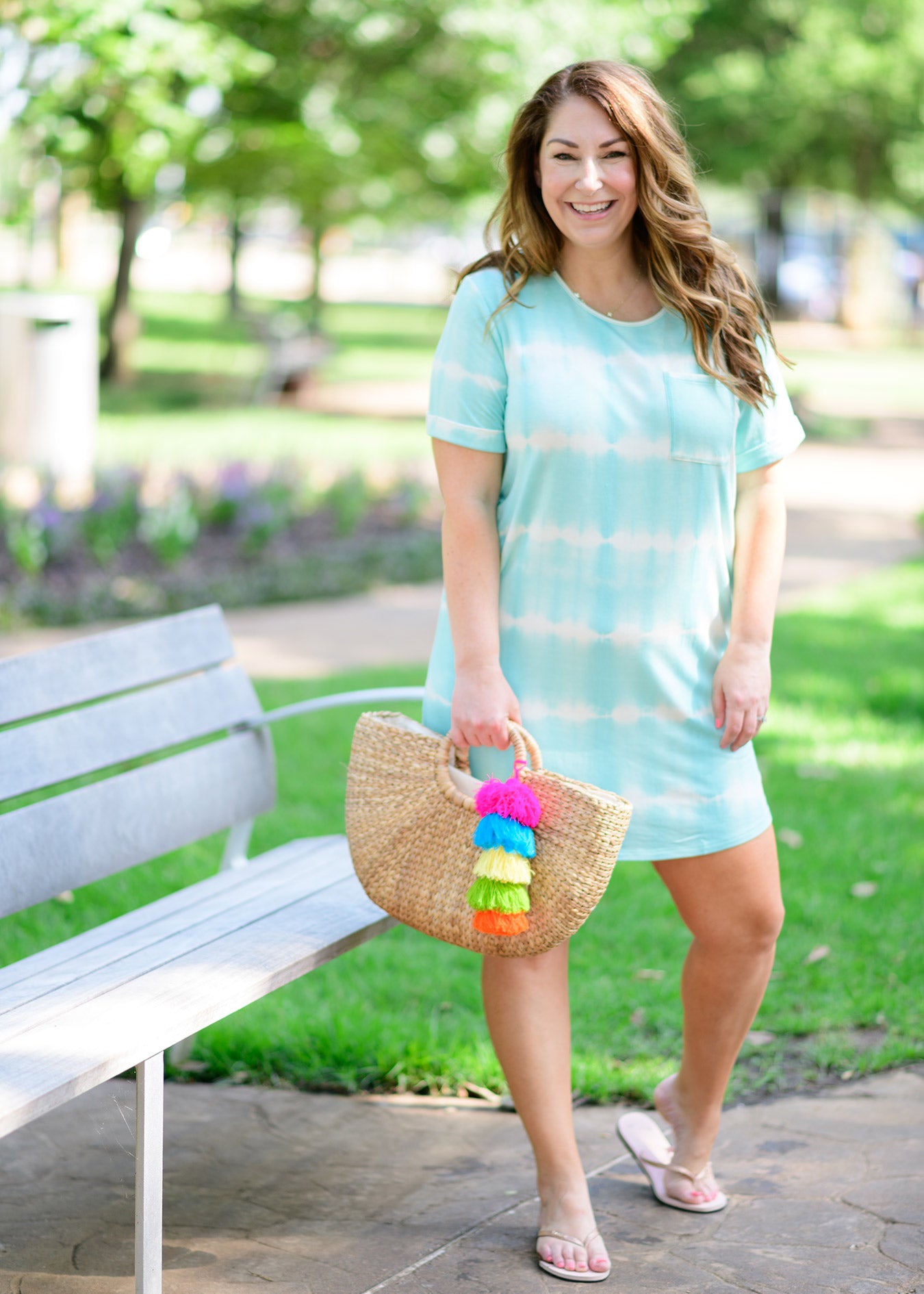 Woman wearing Cabana Life UPF 50+ Aqua Tie-Dye Dress