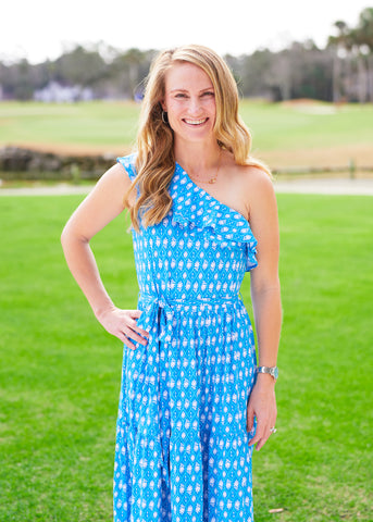 Woman wearing Palm Valley One Shoulder Maxi Dress