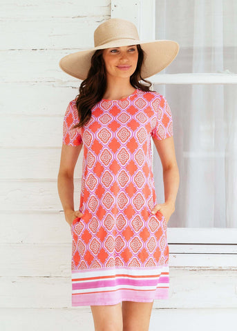 Coral Geo Cap Sleeve Swing Shift